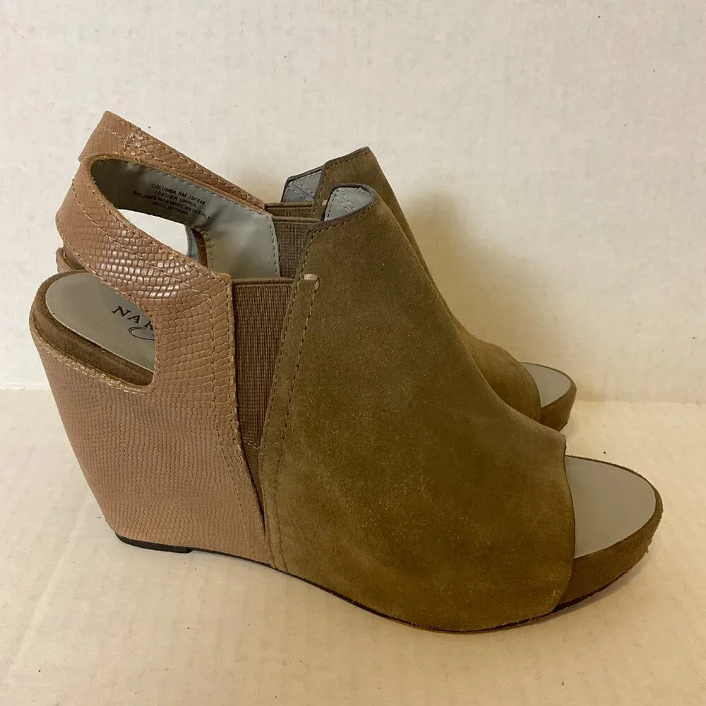 Naked Feet Platform Shoes 9M Beige Taupe Slingback Peep Toe Leather Suede